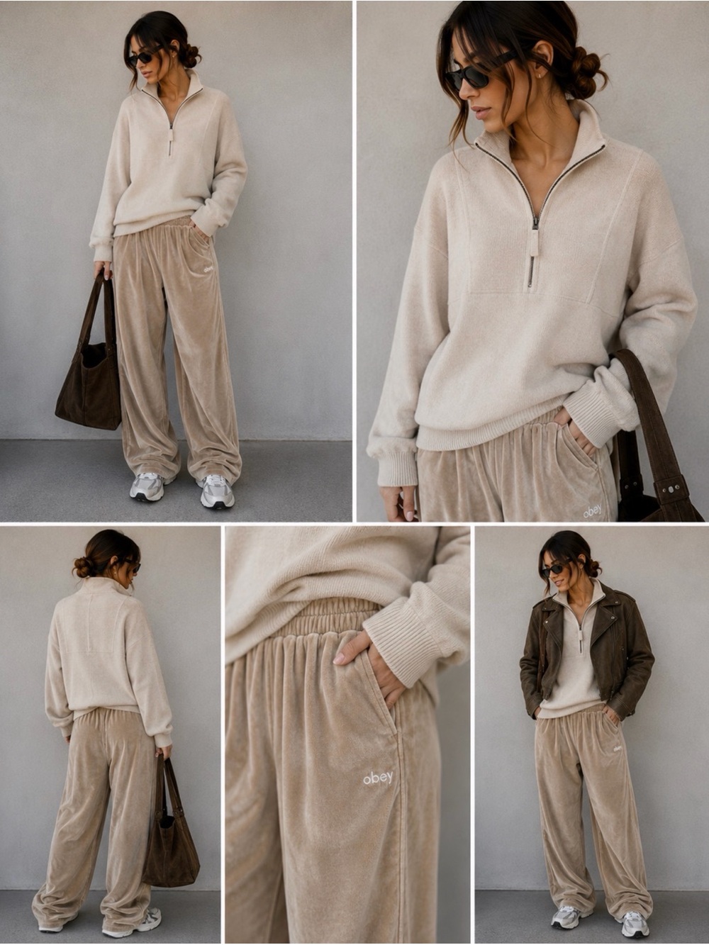 Obey Wide-Leg Velour Lounge Pants in Taupe